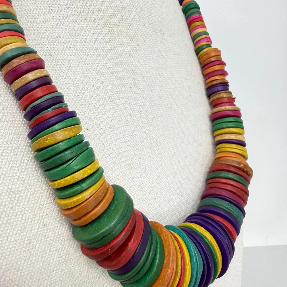 Multicolor Chunky Wood Disc‎ Bead Statement Necklace Rainbow Boho Adjustable